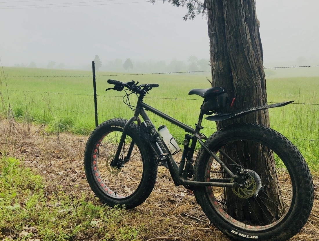 A black bike with oversized tires leans against a tree and fence, a foggy landscape is in the background