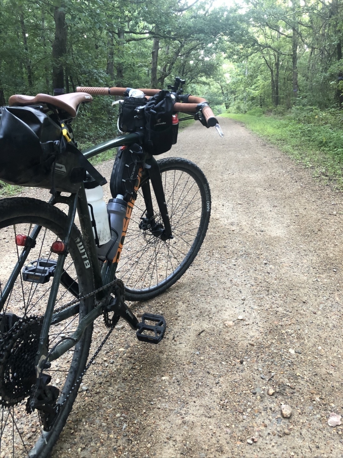 A green gravel style bike is on a gravel road with forest all around