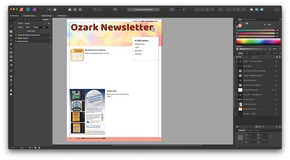Screenshot of a newsletter document being layed out in Affinity Publisher