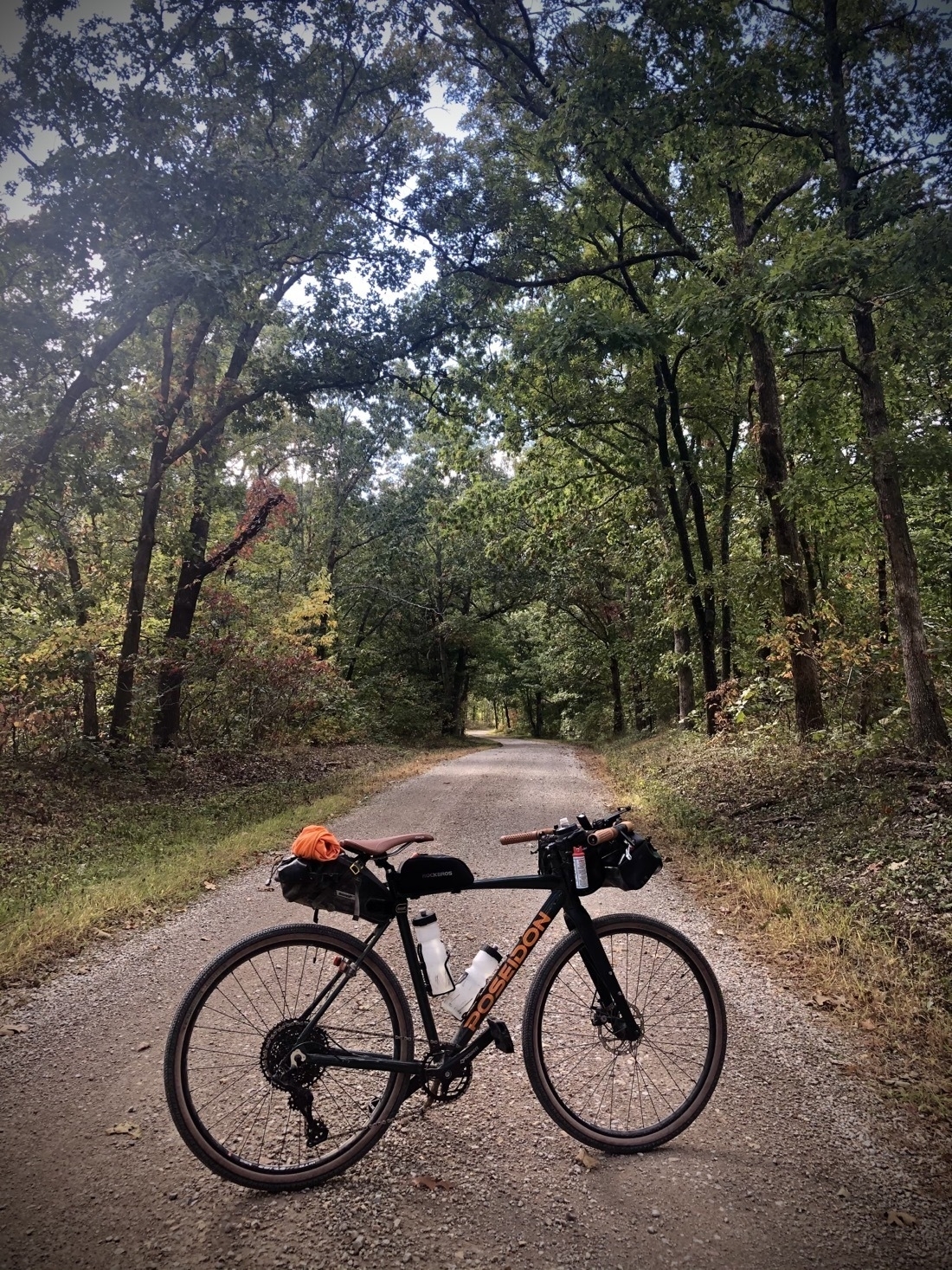 A green gravel style bike is on a gravel road with forest all around