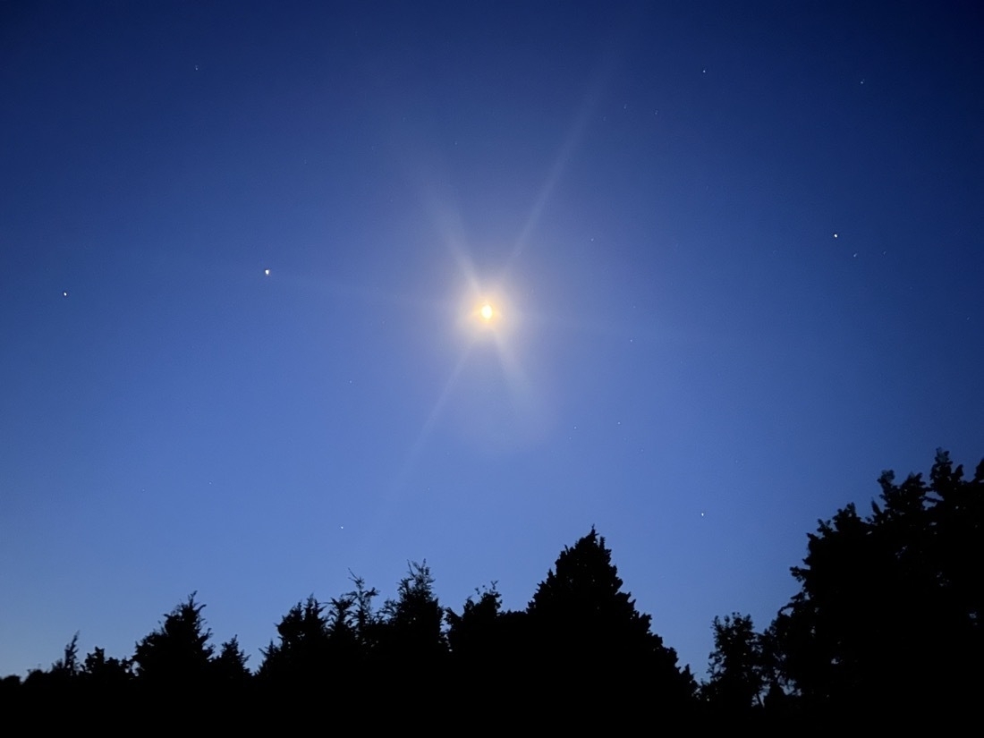 A blue sky taken at sunrise with several small white dots each of which is a planet and the moon is centered in the image. Trees are below at the horizon line.