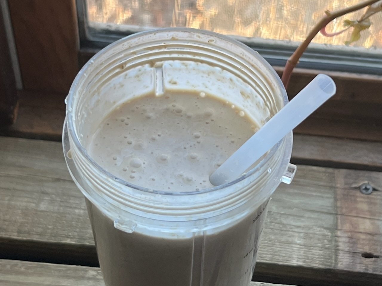 A creamy smoothie in a clear plastic tumbler with a straw