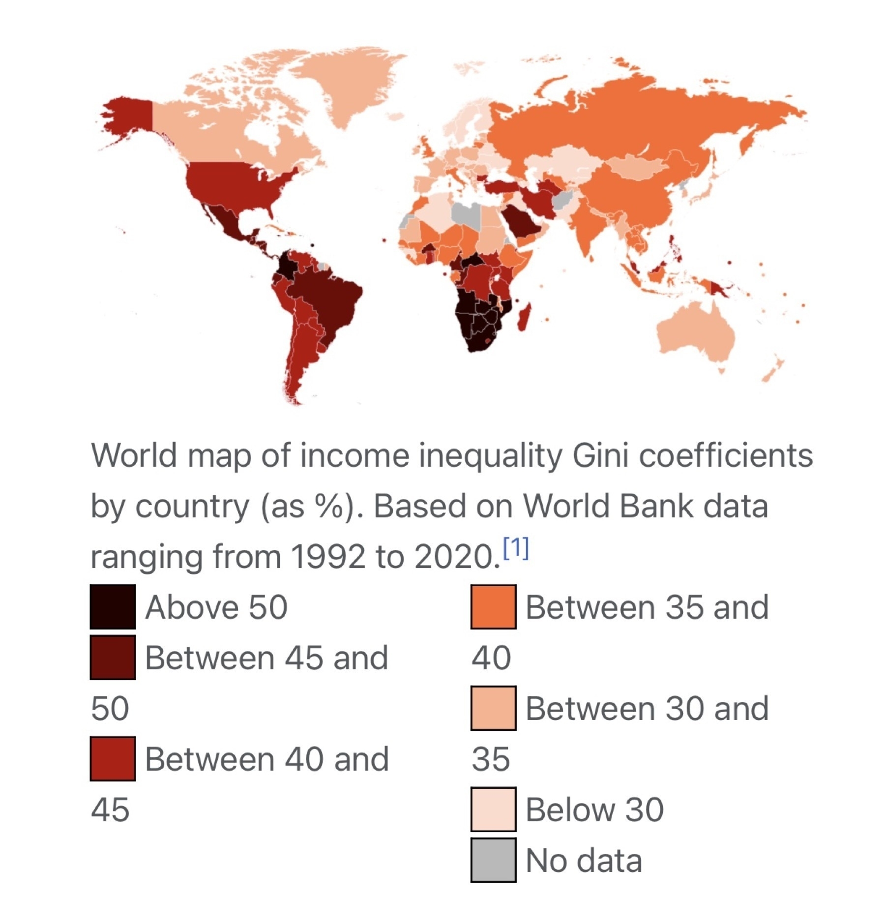 World map of income inequality Gini coefficients by country (as %). Based on World Bank data ranging from 1992 to 2020.