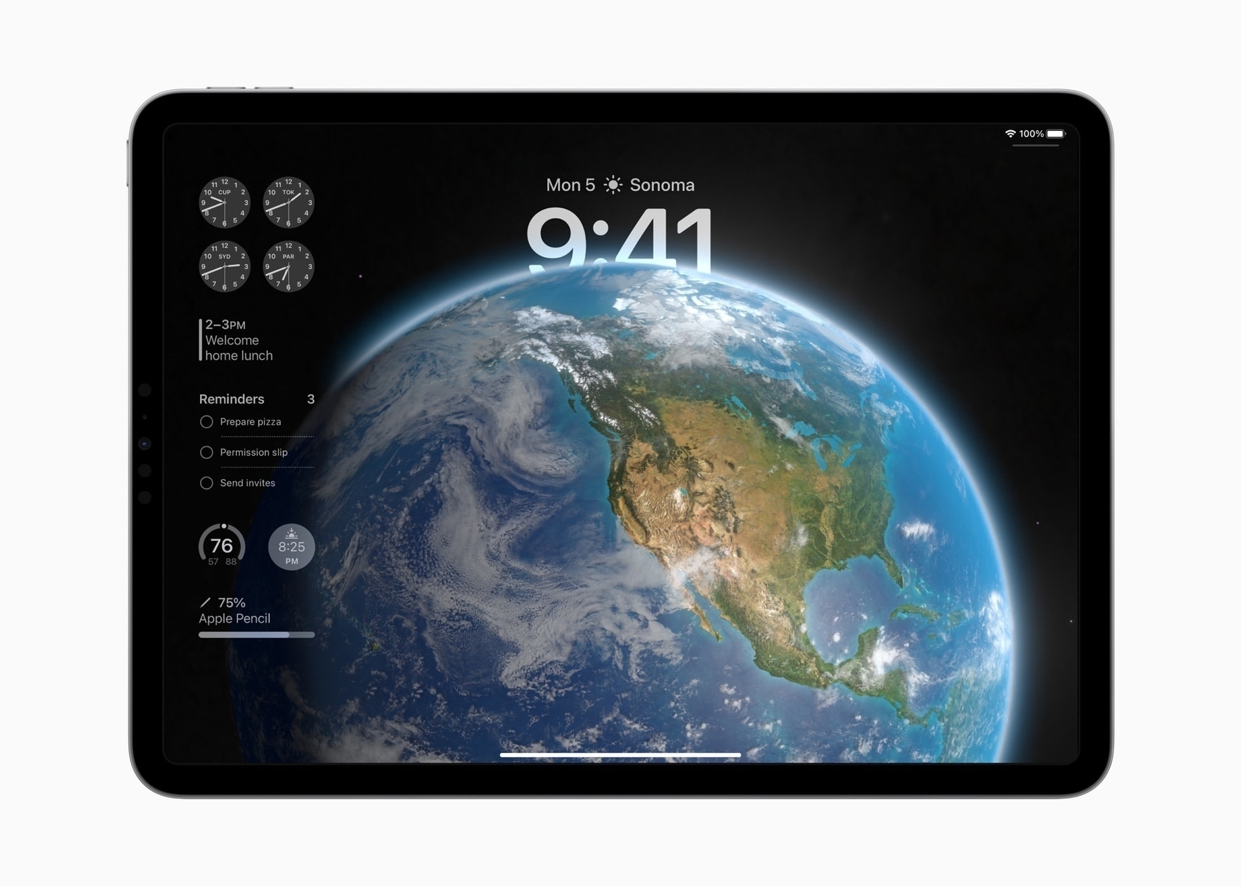 A screenshot of an Apple iPad showing the Earth wallpaper and new Lock Screen Widgets.