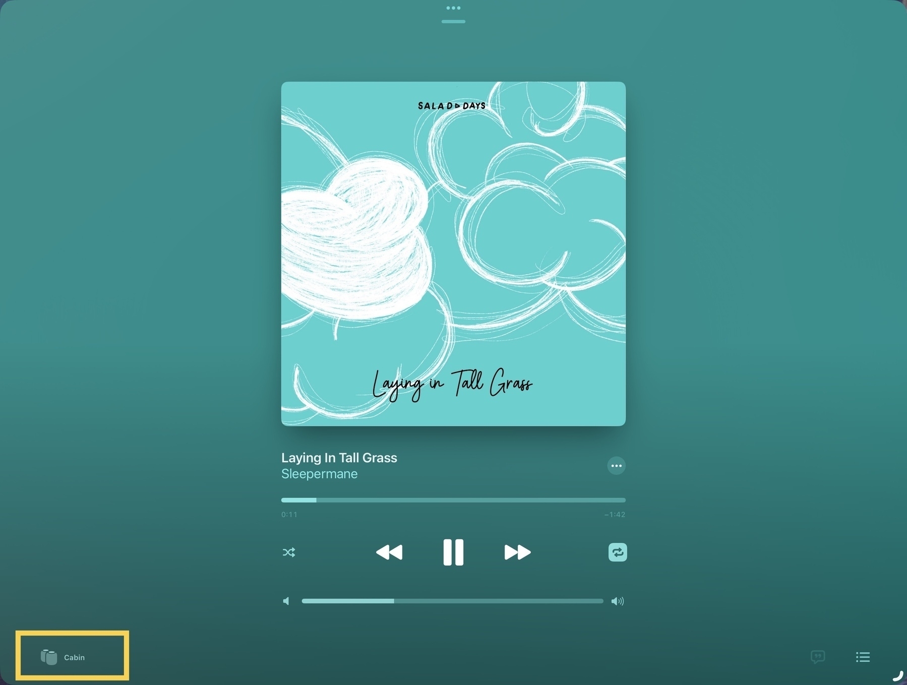 A screenshot showings the Music app on an iPad. A yellow box around the text Cabin demonstrates that audio is being played by a pair of HomePod speakers called Cabin