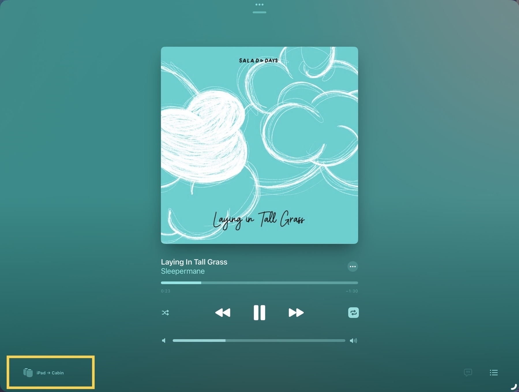 A screenshot showings the Music app on an iPad. A yellow box around the text iPad>Cabin demonstrates that audio is being sent from an iPad to HomePod speakers called Cabin