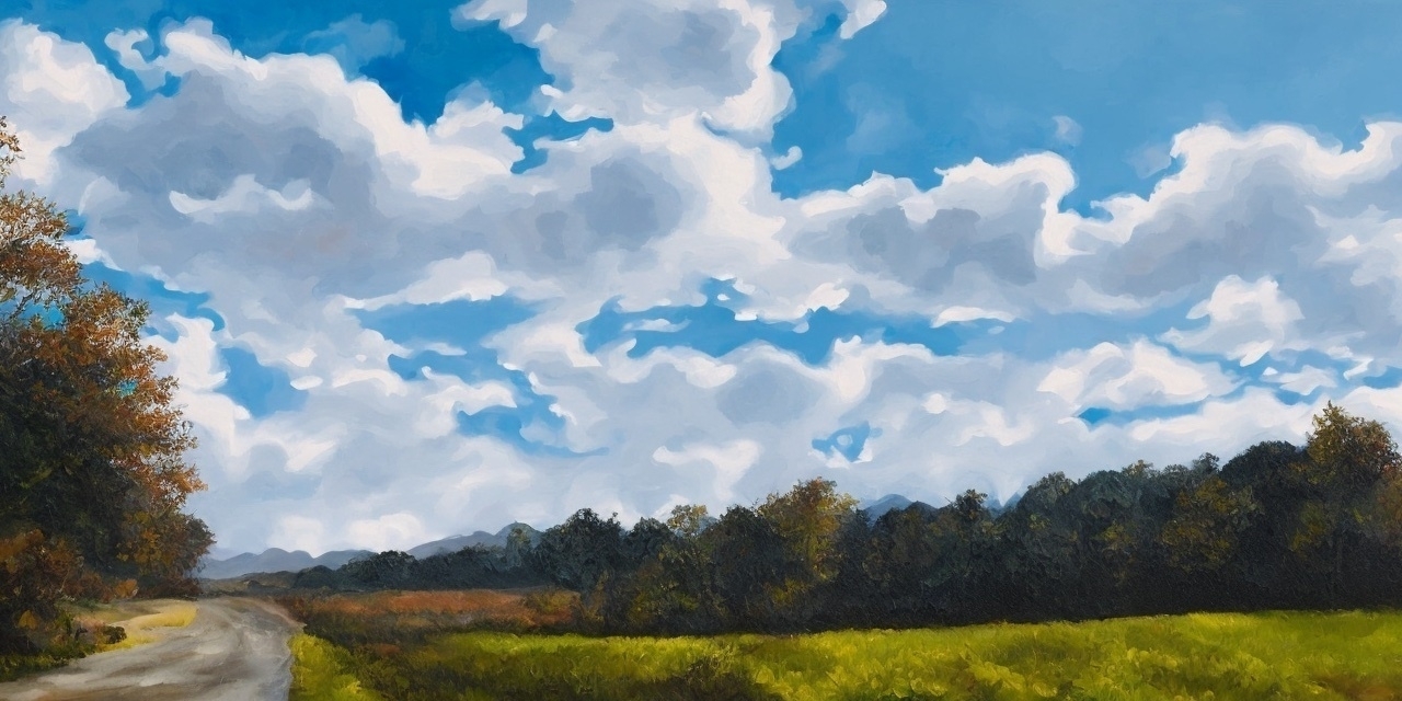 A photo painted in the style of Thomas Hart Benton. A bright blue sky full of puffy white clouds. On the left side are trees along a road that is headed off into the distance. On the right side is a green field which is borderd by trees. Beyond the trees is another field.
