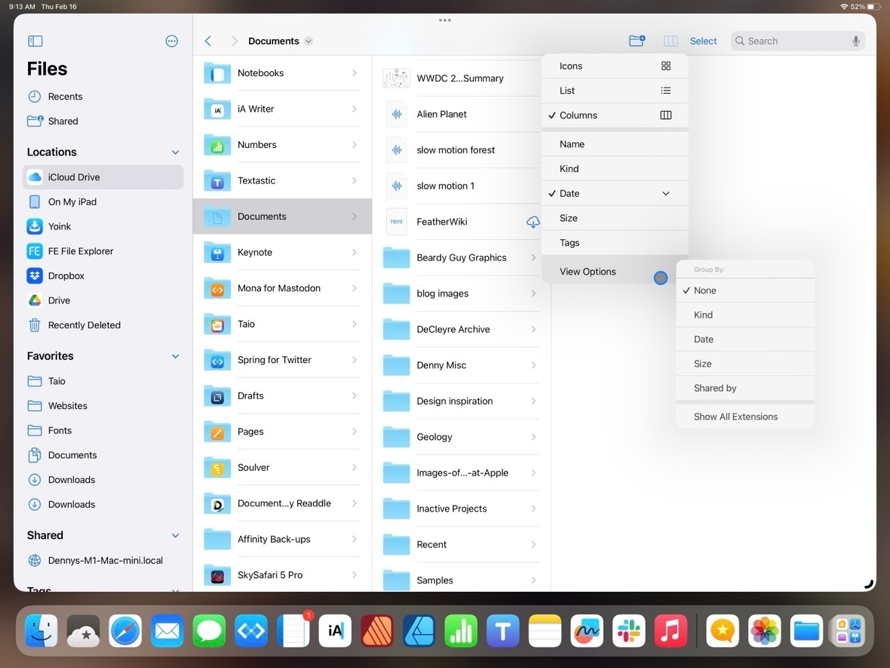The Files app on iPad displaying multiple column of files, a context menu reveals numerous sorting options.