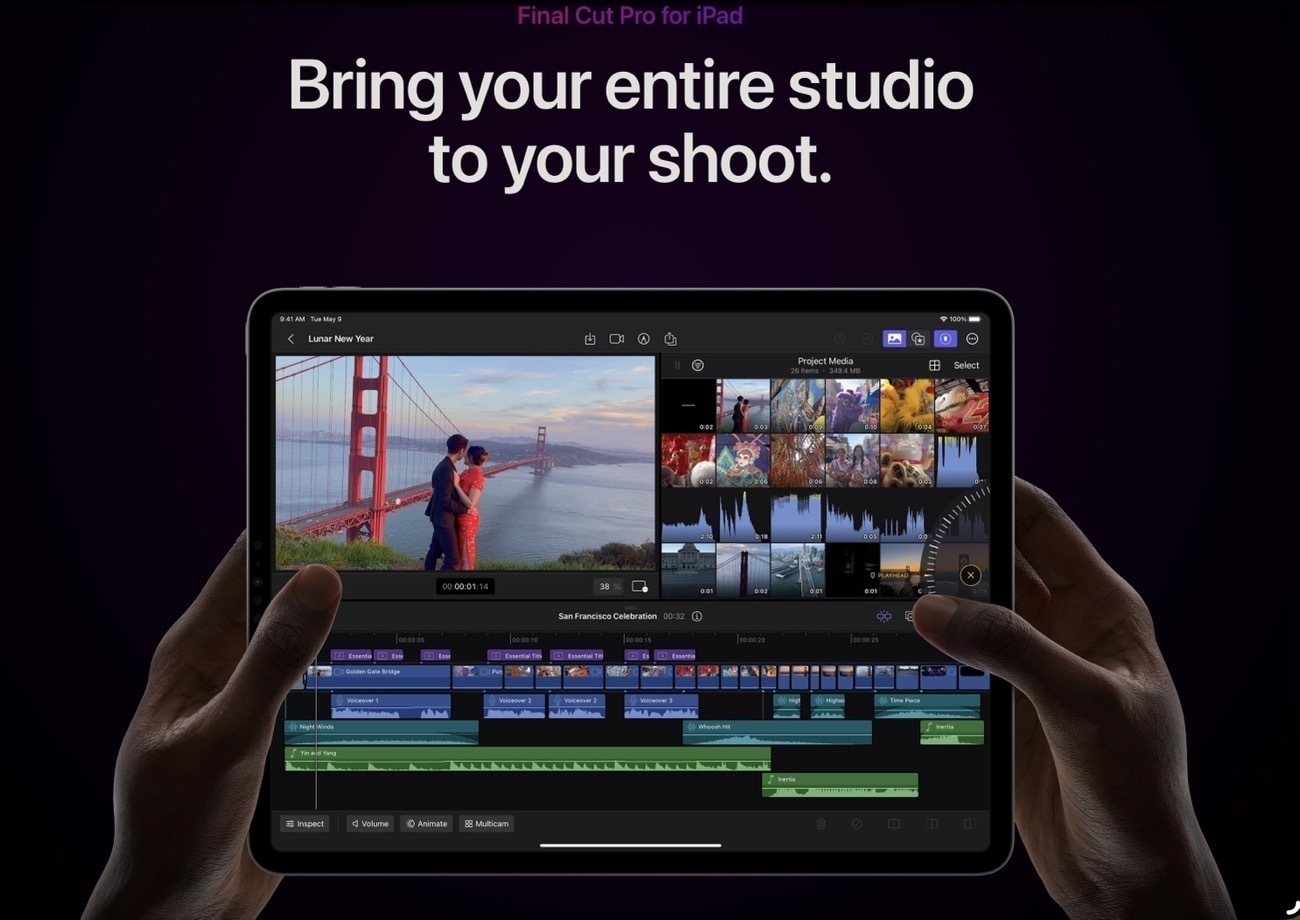 A promotional image of an iPad with Final Cut Pro. Text on the image says 'Bring your entire studio
to your shoot.'