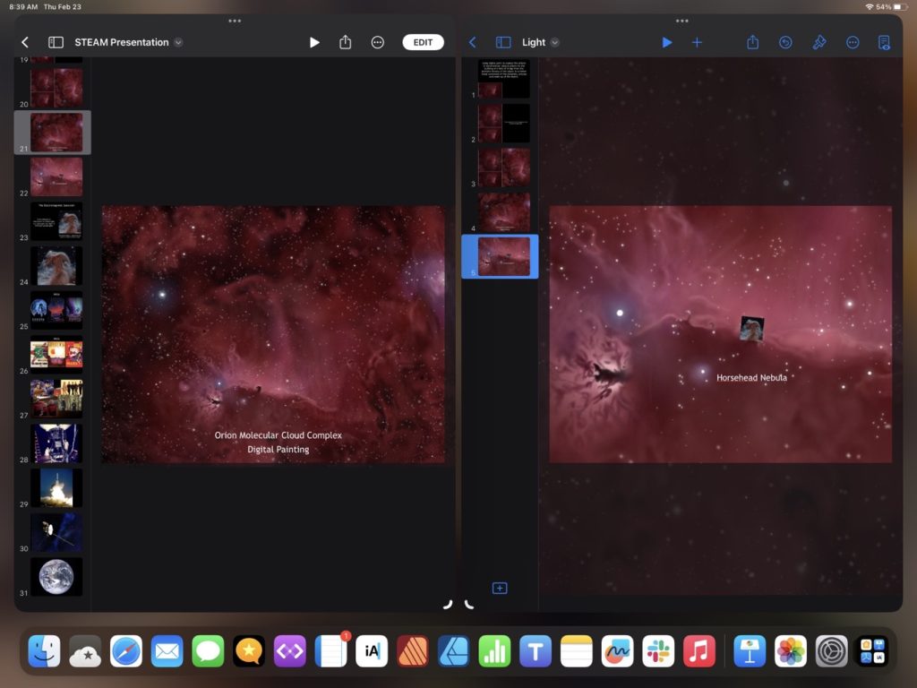 A screenshot of an iPad showing to side by side windows of the application Keynote, in which a presentation about astronomy is being edited