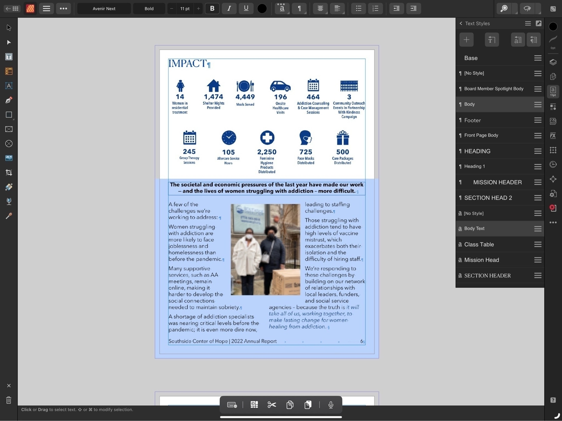 A screenshot of Affinity Publisher on the iPad. The screenshot shows a document page being designed and is highlighting the submenu for character and paragraph titles.