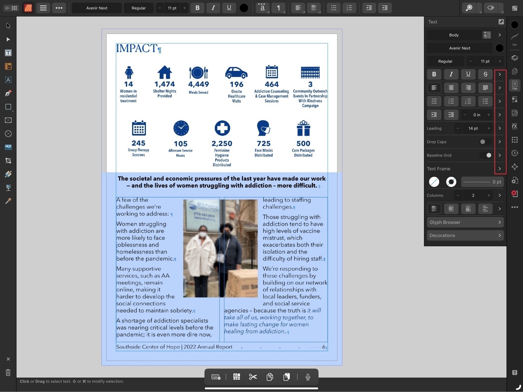 A screenshot of Affinity Publisher on the iPad. The screenshot shows a document page being designed and is highlighting the Text context toolbar.