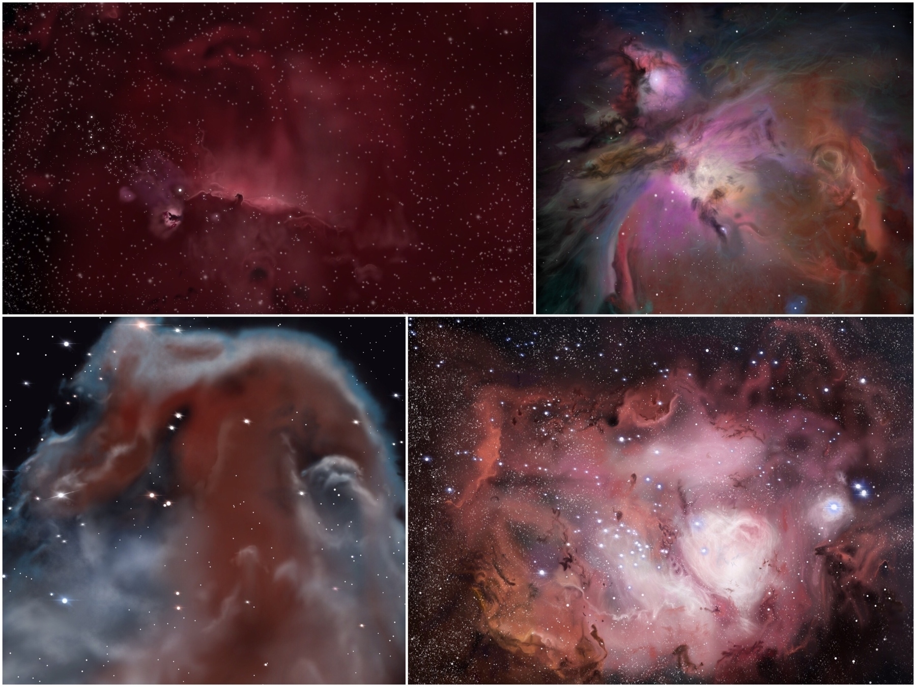 Clockwise from top left: In process IC 434 (tiny dark spot near the middle is the thick gas and dust of the Horsehead Nebula), Orion Nebula, Lagoon Nebula, close-up Horsehead Nebula in infrared