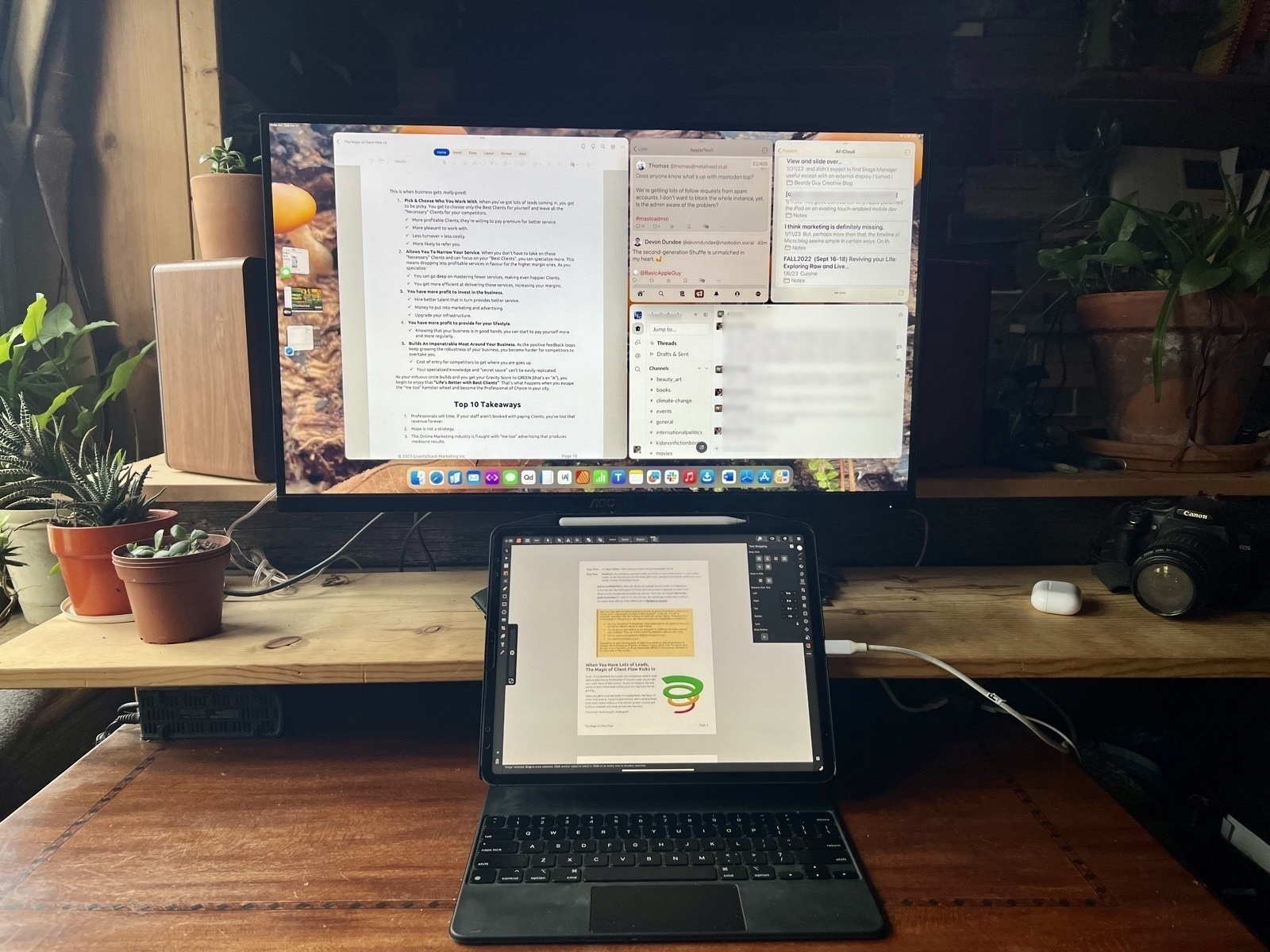 An iPad is connected to an external display. The app LumaFusion is full screen on the display.
